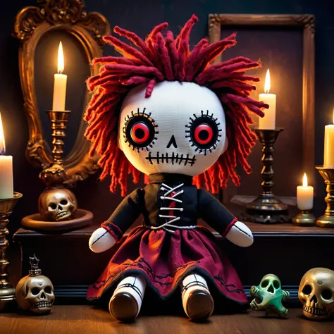 (knitted toy voodoo doll:1.7), (Voodoo in a Haunted House:1.3), (Clothing: ghost hunter outfit with glowing ghostly patterns:1.0), (Accessories: enchanted flashlight emitting sparks of spectral detection, levitating haunted artifacts:1.1), (background: mys...