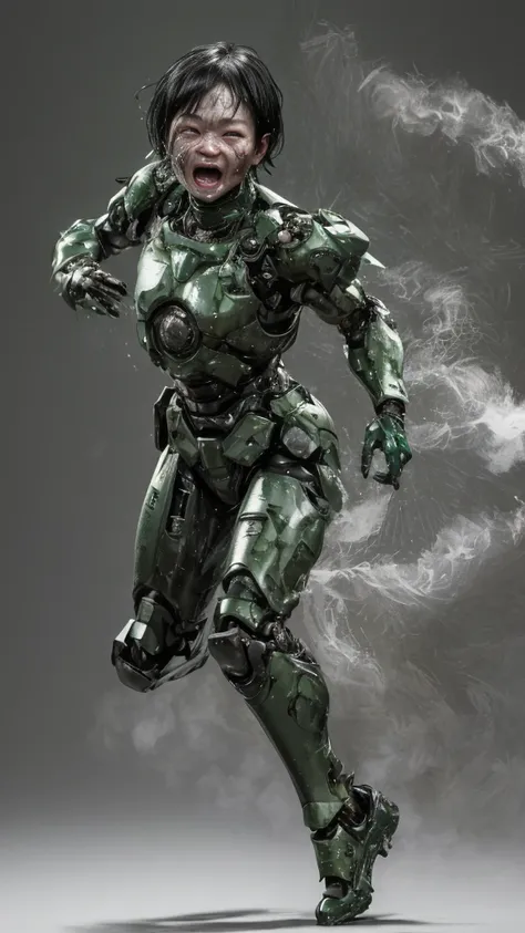 Rough skin, Very detailed, Advanced Details, high quality, 最high quality, High resolution, 1080P 、Bleeding from the wound、Sexy Eyes、Wearing green and black、cute((The whole body is sweating))(Equipped with a damaged battle suit....)(Dark green armor)(Broken...