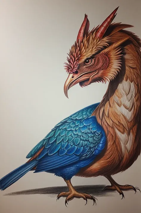 Realistic drawing of a hen half red dragon and next to it a beautiful little blue bird