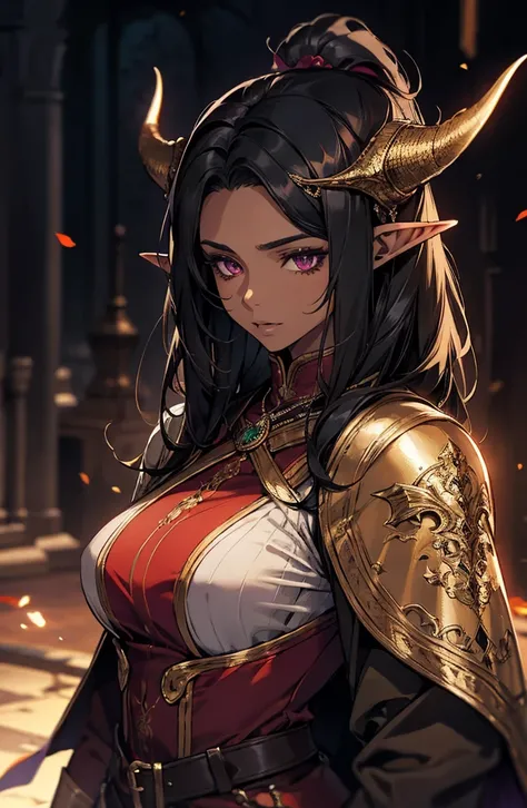 brown skin, older woman, sexy, tall, brown skin, one dragon wing, black hair, elf, elf ears, dragon horns, dark clothing, purple clothing