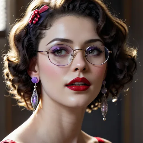 Slightly curly hair, rimless glasses, small spots under the corners of the mouth, / note lilac earrings, slightly closed mouth, red lips, surrealism, high detail, strong chiaroscuro, film graininess, panorama, ultra high-definition, precise, textured skin.