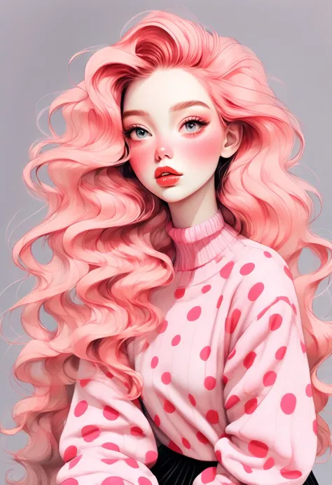 (Highest quality,4K,8K,High resolution,masterpiece:1.2),Super detaileded,(Actual,photoActual,photo-Actual:1.37),Unique Look,Lovely girl sitting,Long neck,Big Head,Exaggerated Hair,fluffy hair,Small freckles,Exaggeration,Surrealism,Pink polka dot sweater,de...