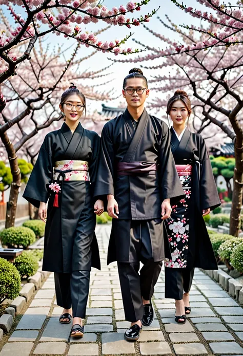 a young man wearing glasses from Indonesia, man bun, wearing a black coat, black shirt, black trousers, shoes, holding two beautiful women, the first woman wearing Chinese clothes, the second woman wearing a kimono, walking, full body, cherry blossom garde...