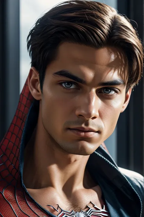 A photograph of Spider-Man., sin mascara, the 20s, elegant, detailed face, looking to the camera, portrait, 8k hd, high quality