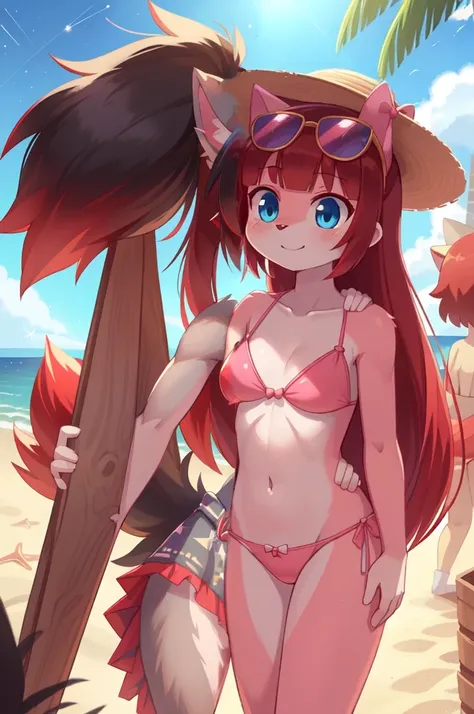 furry girl, wolf, black hair, punk hairstyle, huge long spiky ponytail, anime style, small breasts, red eyes, ((deep red bikini ruffled triangle, high cut bottom, star necklace, beach sarong with shooting stars on hips)), high quality, detailed body, detai...