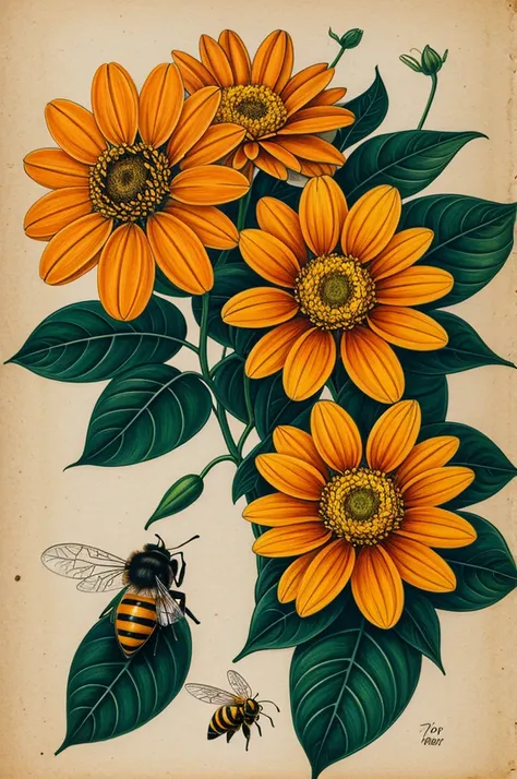 Drawing of an orange flower and a bee on top