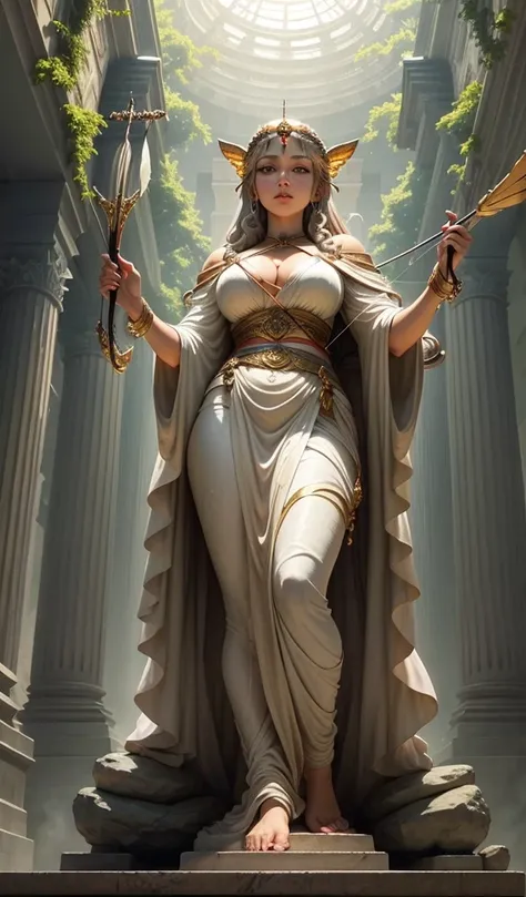 (anime style, high detail, enormous statue of Artemis, goddess of the hunt, holding a bow and arrow, gracefully poised, detailed flowing robes, forested temple setting)