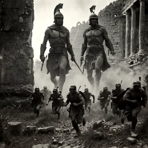 black and white, grainy old footage, 35mm vintage, frightened army squad running from two giant-spartan soldiers among ancient ruins