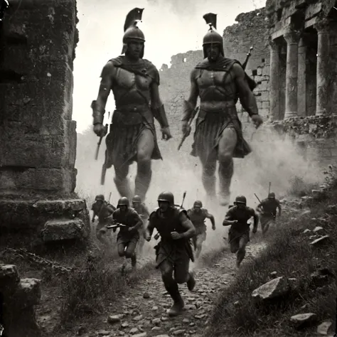 black and white, grainy old footage, 35mm vintage, frightened army squad running from two giant-spartan soldiers among ancient ruins