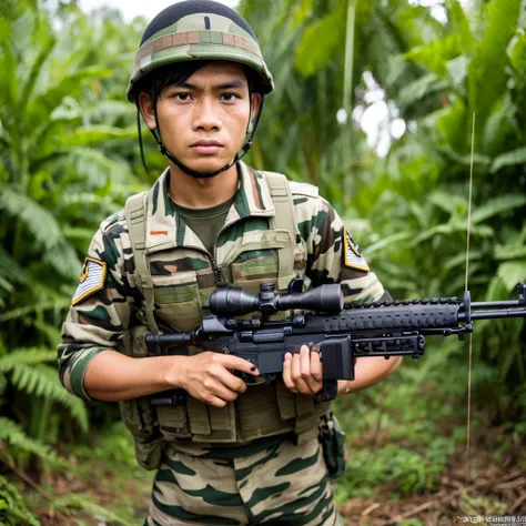 An Indonesian soldier with a striped face, wearing a complete camouflage uniform, is standing in a ready position. He is holding a rifle with both hands, ready to act. The background is a battlefield filled with dense vegetation. His facial expression is s...