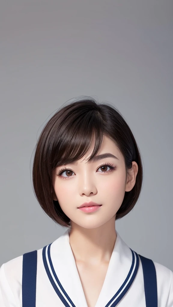 Please create an image that adheres to the following characteristics: - Short bob hairstyle - Short bangs on the forehead that expose the eyebrows - Asian features with wide, lively eyes - Natural make-up - Sailor uniform - Simple white background
