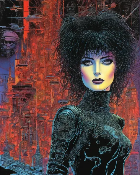 80s, 1girl, goth, siouxsie, michelle pffifer, cyberpunk, futuristic city background, 80s movie poster art style, ((by philippe d...