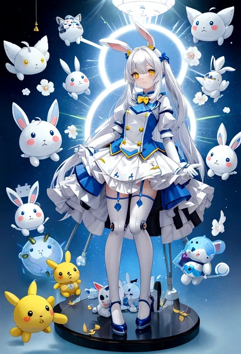 A white rabbit with yellow eyes sits on a blue surface, stuffed toy, Cute anthropomorphic rabbit, Cute Anime, Cute Toys, stuffed toy photography, ウサギrobot, stuffed toy, Soft Anime, stuffed toy, stuffed toy, Cute and detailed digital art, With glowing eyes,...