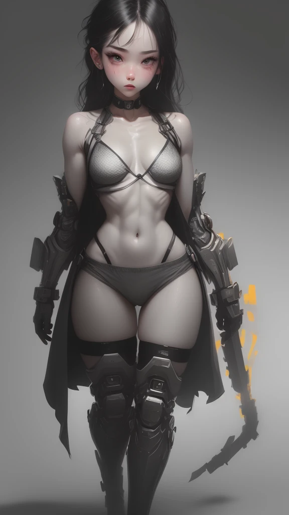 (((Defined womens body))), (((thick thighs))), Cybernetic body parts, (((short underwear))), (((ultra detailed skin))), (((small waist) ), (((defined abdomen))), (((full body))), (((fit body))),