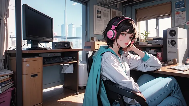 Street fashion girl　Headphones　LOFI Retro　Stylish　１９８０s　Inside the room　coffee　computer
