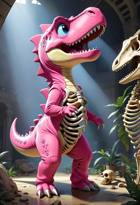 masterpiece,Highest quality,A  wearing a cute pink dinosaur costume is looking up at a dinosaur skeleton, whole body,