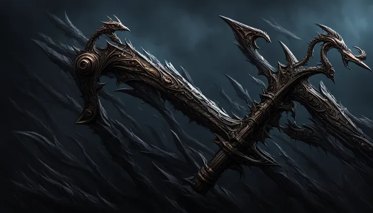 A full image design of a holy, horror, scary, nightmare, spooky, creepy, demonic, Gothic, fantasy, medieval, mythical, magic, mutated, monster sword weapon concept art with creature style pattern, textures, gothcore, weaponcore, 3D model, Unreal engine,