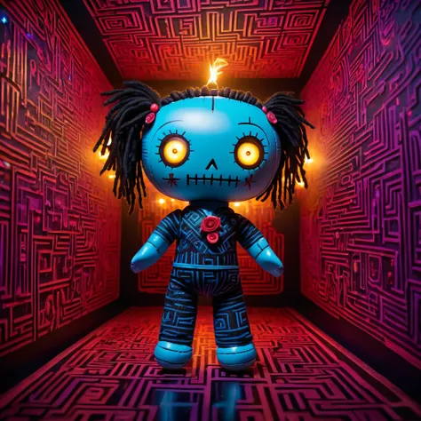 (knitted toy voodoo doll:1.7), (Voodoo in a Mirror Maze:1.3), (Clothing: maze explorer outfit with glowing mirror patterns:1.0), (Accessories: enchanted mirror emitting sparks of reflection magic, levitating maze map:1.1), (background: mystical mirror maze...