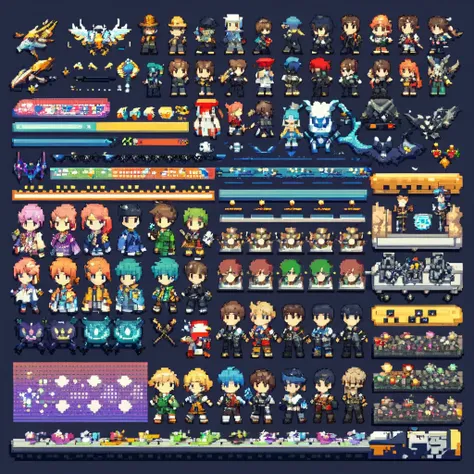 Pixel art,pixel art,Create an original character design sheet,main character of the game,boy,juvenile,#39;s outfit,natural perm,musical instrument,bard,((3 views,whole body, background,multiple views,High resolution)),multiple views,multiple poses,Active,a...