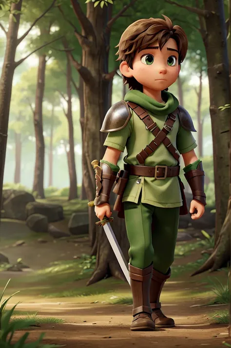 Young brave warrior in gifted armor walking through the woods with a green sword in his hand 