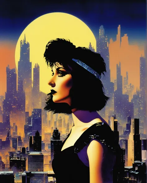 Maxfield Parrish Style - 80s, 1girl, goth, siouxsie, michelle pffifer, cyberpunk, futuristic city background, 80s movie poster art style, Maxfield Parrish art