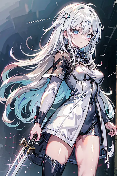 ((Pixiv)),(masterpiece_portrait),(Color Field),(Cyberpunk),(Full Metal Panic),(10s-anime-aesthetic), 1girl, light smile, curvy, large breasts, sharp face, spiked_hair, two-tone hair, white hair, gray hair, hair between eyes, very_long_hair, half closed eye...