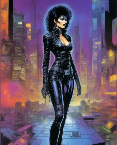 a full-body, high-resolution anime style of a 80s, 1girl, goth, siouxsie, michelle pffifer, cyberpunk, futuristic city background, 80s movie poster art style,, by Michael Whelan