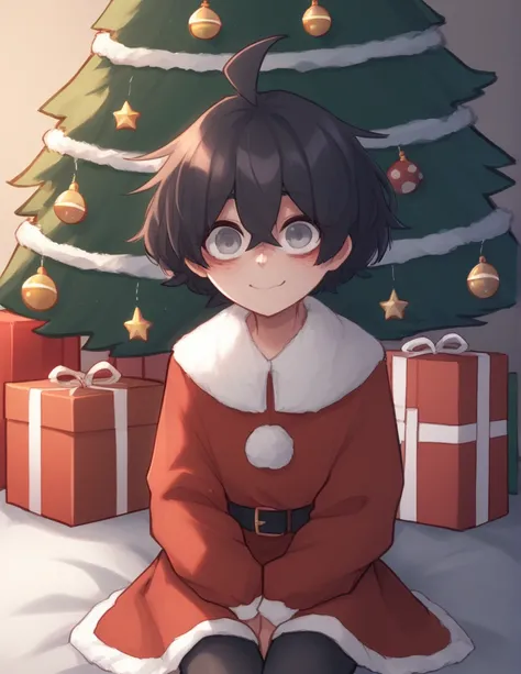 1 girl, alone, ppka, black fur, short hair, messy fur, Ahoge, parts, parts por todo el cuerpo, grey eyes, blind, cute smile looking at the viewer, embarrassed look Sitting, orders, Christmas, Christmas tree, Gifts,
calcetines rojos, calcetines de santa cla...