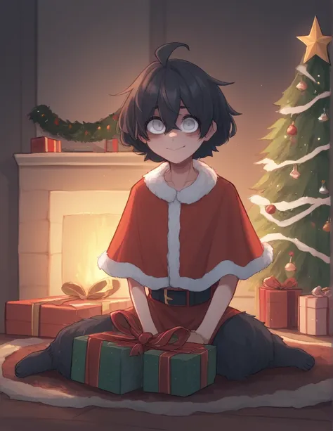 1 girl, alone, ppka, black fur, short hair, messy fur, Ahoge, parts, parts por todo el cuerpo, grey eyes, blind, cute smile looking at the viewer, embarrassed look Sitting, orders, Christmas, Christmas tree, Gifts,
calcetines rojos, calcetines de santa cla...