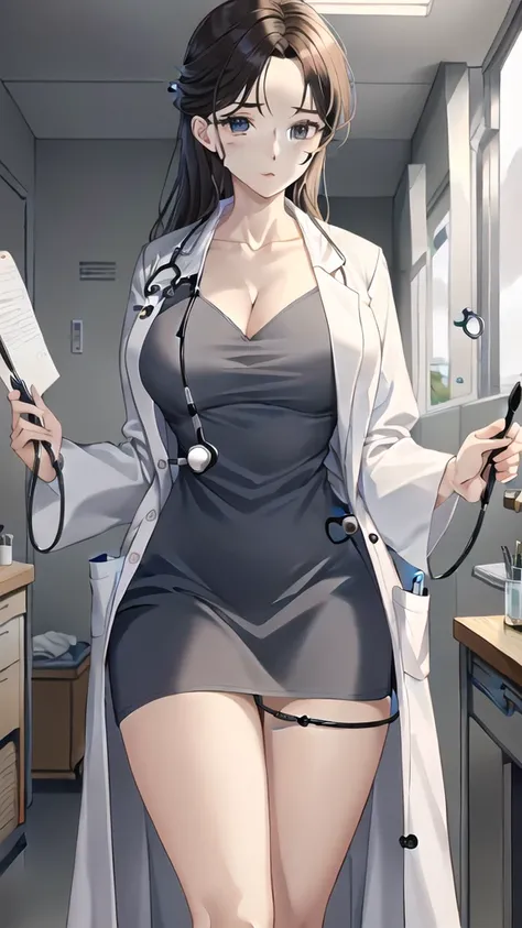 ((masterpiece, best quality, high quality)),1girl, (lower body, hospital), (doctor_uniform, labcoat, stethoscope, doctor),Large Breasts，cleavage，lipstick