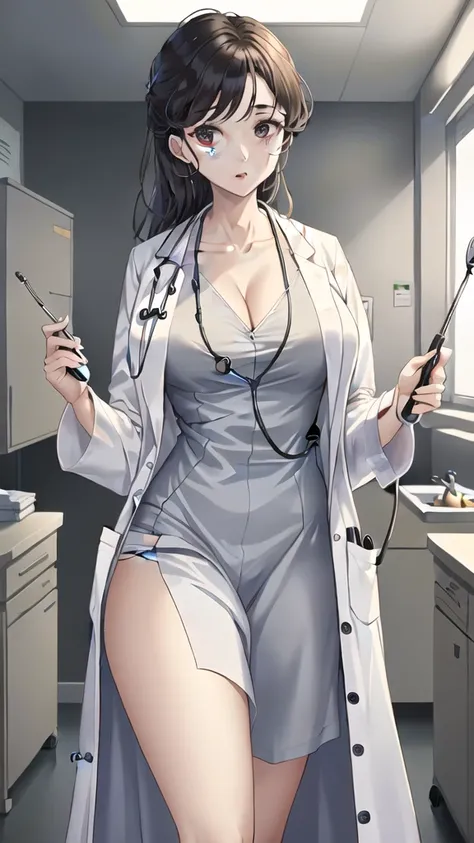 ((masterpiece, best quality, high quality)),1girl, (lower body, hospital), (doctor_uniform, labcoat, stethoscope, doctor),Large Breasts，cleavage，lipstick