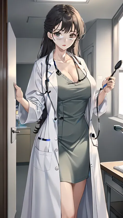 ((masterpiece, best quality, high quality)),1girl, (lower body, hospital), (doctor_uniform, labcoat, stethoscope, doctor),Large Breasts，cleavage，lipstick