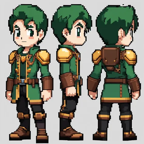 Pixel art,pixel art,Create an original character design sheet,main character of the game,boy,juvenile,#39;s outfit,natural perm,musical instrument,bard,((3 views,whole body, background,multiple views,High resolution)),multiple views,multiple poses,Active,a...