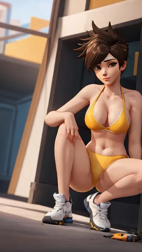 Tracer from overwatch is wearing a slutty bikini and posing for a porn. yellow sneakers, squatting, spread legs, sexy pose, front view, blushing, freckles, looking at viewer, small breasts,