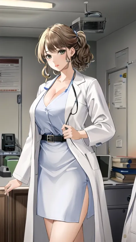 ((masterpiece, best quality, high quality)),1girl, (lower body, hospital), (doctor_uniform, labcoat, stethoscope, doctor),Large Breasts，cleavage，lipstick