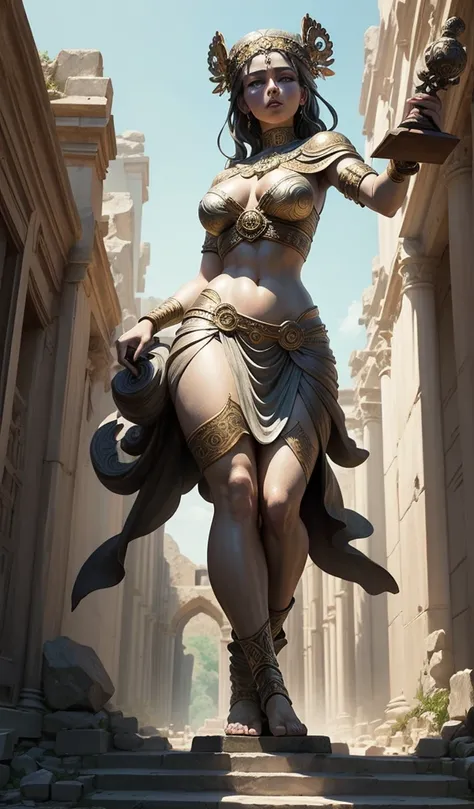 (anime style, high detail, giant statue of Cassandra, the prophetess, depicted in a dynamic pose, holding scrolls, intricate details, ancient city ruins background)