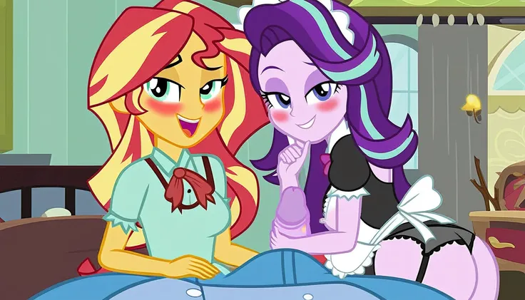 questionable, big penis, nipples, smiling, starlight glimmer, butt, stick her ass out, sunset shimmer, equestria girls, bedroom eyes, blushing, bra, bunset shimmer, duo focus, maid, erect_nipples, erection, female, glimmer glutes, indoors, looking at you, ...