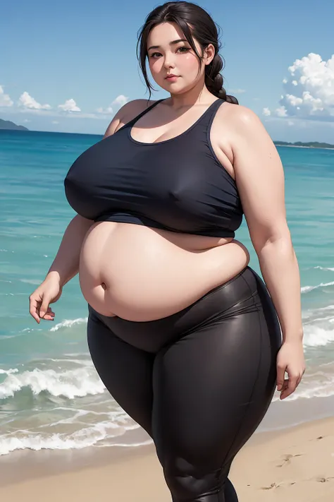 Highest quality, solo, Obese mature woman, overweight, really fat, large breastS, swollen belly, beautiful Chubby face, long braids, tank top, leggings, form fitting clothes, standing, beach, facing the viewer, torso close-up 