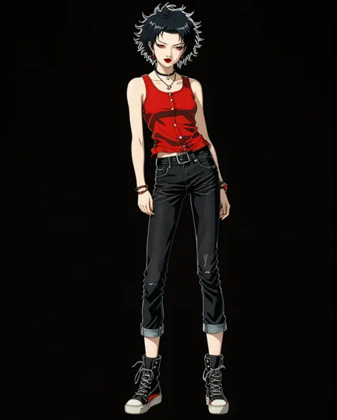 amano yoshitaka, a full-body, high-resolution anime style of a rebellious teenage female punk rocker with short curly black hair...