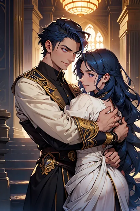 a young man with golden eyes and navy-blue hair, elegant attire, captivating smile, a young woman with long wavy golden-brown hair and deep violet eyes, radiating natural luminosity, warm smile, graceful movements, romantic elegance and intensity, his arm ...