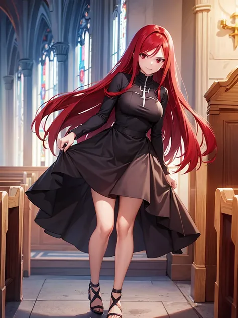 full body picture of 1 girl: erza scarlet, smiling, wearing rin tohsaka outfit, in a church with huge windows at night, ultra re...