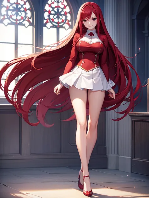 full body picture of 1 girl: erza scarlet, smiling, wearing rin tohsaka outfit, in a church with huge windows at night, ultra re...