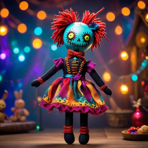 (knitted toy voodoo doll:1.7), (Voodoo at a Magical Festival:1.3), (Clothing: festive attire with glowing enchanted patterns:1.0), (Accessories: enchanted wand emitting sparks of celebration magic, levitating festival treats:1.1), (background: mystical fes...