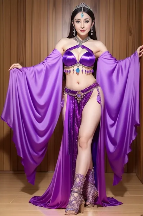 Arabian woman in purple and purple outfit standing on wooden floor, Belly dance, Outfit with blue accents, beautiful costume, Beasts, She is dressed as a belly dancer, Black and purple outfit, gracefully Belly dance pose, Mr.々A pose, Bejeweled costumes, Fu...