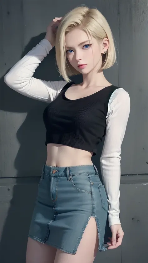 Android 18, Blonde hair, blue eyes, eyelash, earrings, short hair, earrings带, Black socks, Black shirt, 胸前的pocket, cleveage, clavicle, denim, denim skirt, High waist skirt, Jewelry, Long sleeve, pocket, shirt, shirt tucked in, skirt, stripe, stripe袖子, Vest...