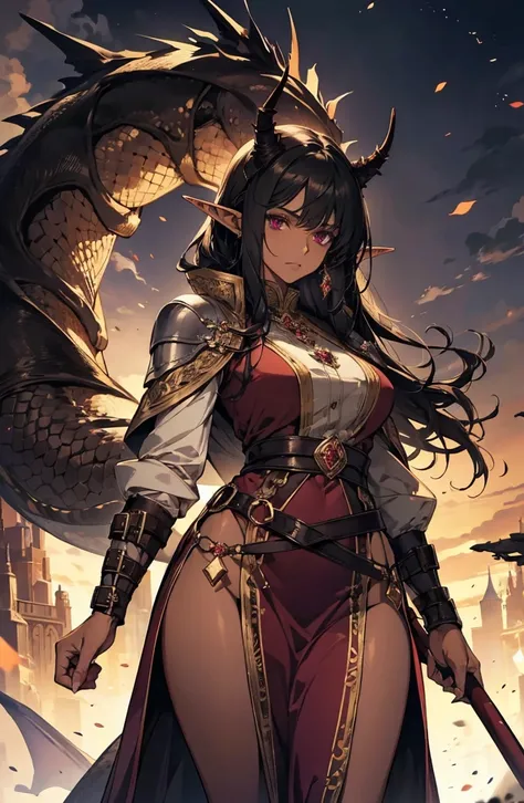 brown skin, older woman, sexy, tall, brown skin, one dragon wing, black hair, elf, elf ears, dragon horns, dark clothing, purple clothing