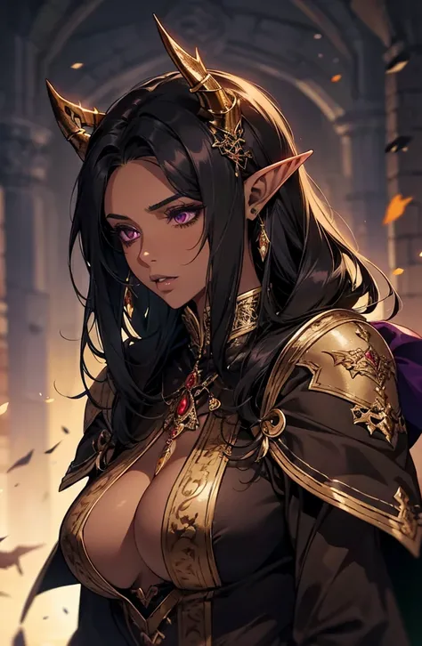 brown skin, older woman, sexy, tall, brown skin, one dragon wing, black hair, elf, elf ears, dragon horns, dark clothing, purple clothing