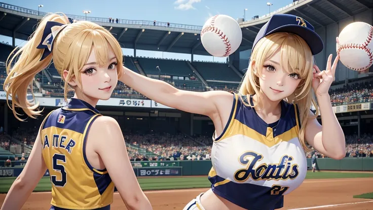 Beautiful cheerleaders playing baseball at Koshien Stadium。Sexy smile、Blonde ponytail、Hanshin Tigers uniform,Beautiful buttocks