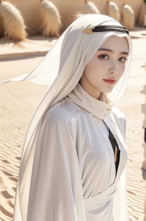 (((best quality))),(((ultra detailed))),(((masterpiece))),illustration,1 Arabian girl,beautiful,solo,slim,thin,small breasts,flat chest,summer,(in desert:1.3),white headscarf,(white abaya:1.3),slender legs,(arms behind back:1.2),radiant smile,fair complexi...