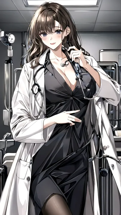 ((masterpiece, best quality, high quality)),1girl, (lower body, hospital), (doctor_uniform, labcoat, stethoscope, doctor),Large Breasts，cleavage，lipstick，Smile，lipstick